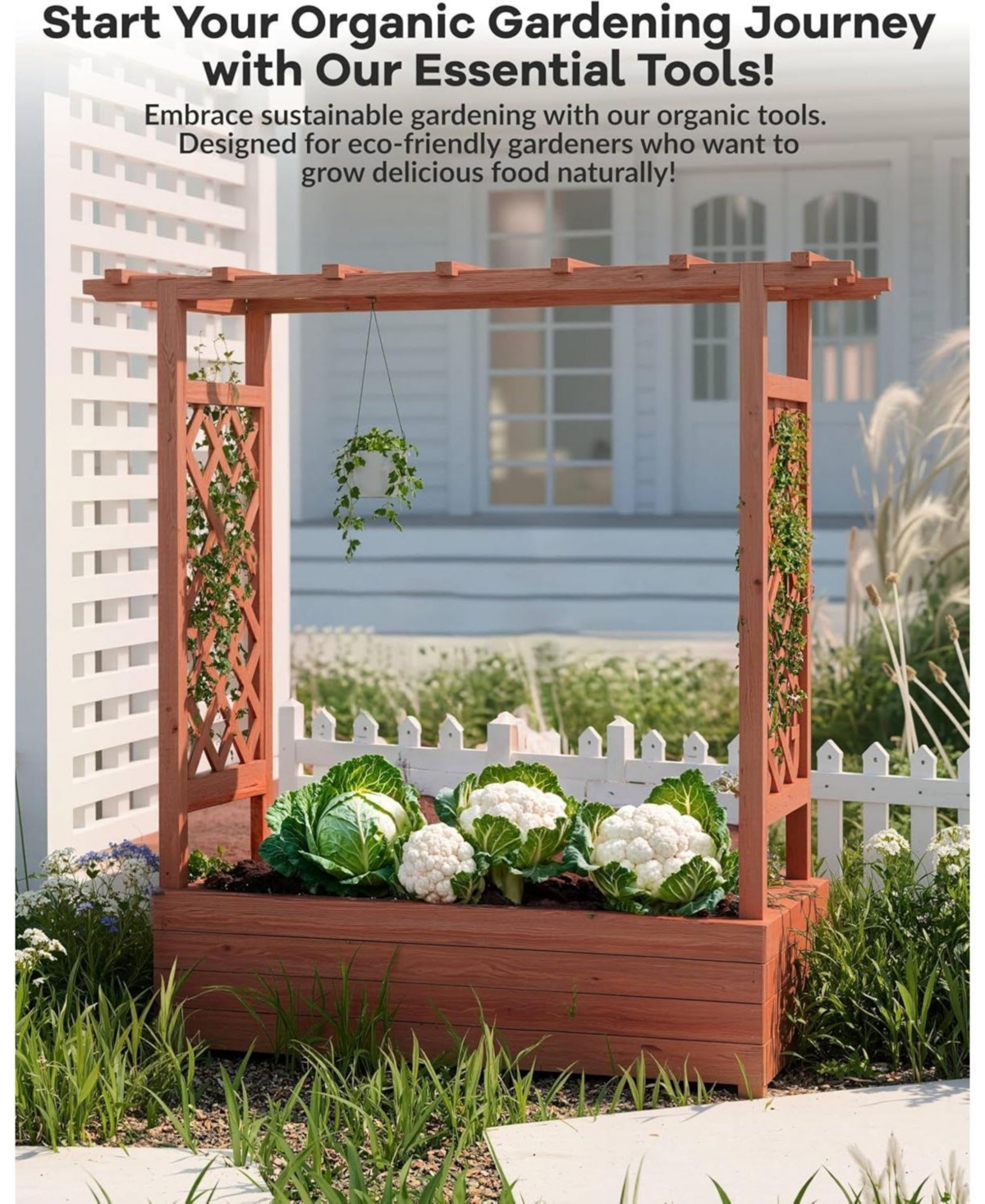 Xo 43"x17"x45" Elevated Garden Bed with Trellis, Wooden Planter Box with Roof for Climbing Plants Flowers, Outdoor Patio Garden