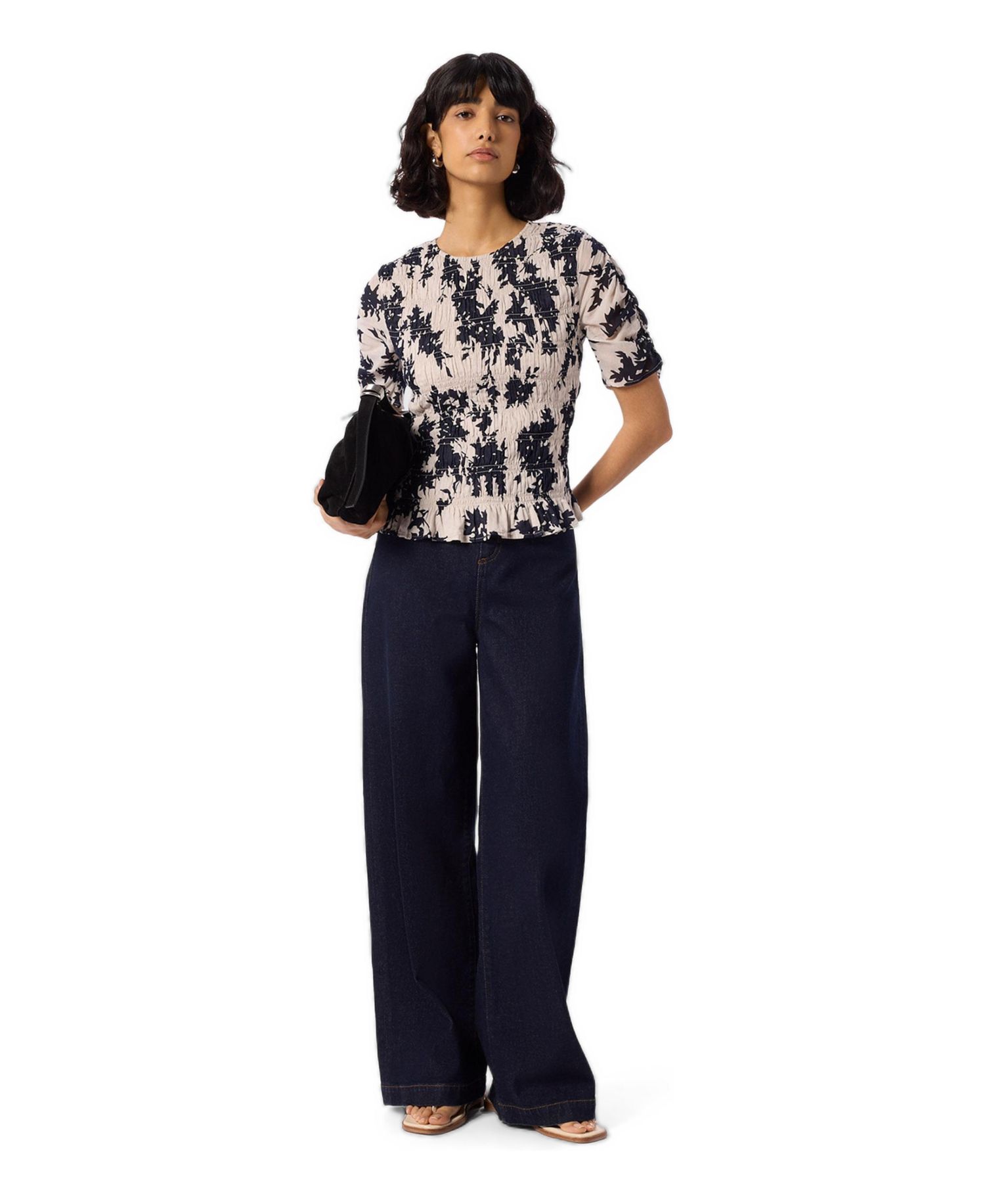 Women's Smocked Floral Ruffle Hem Peplum Blouse