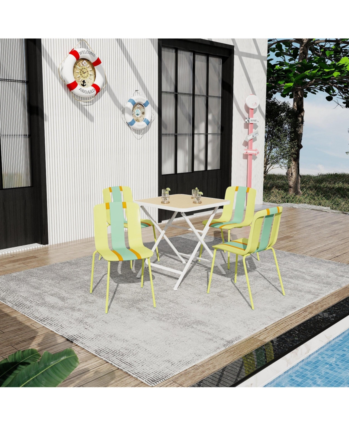 Mondawe 5-Piece Outdoor Dining Set - Square Table with 4 Striped Color Block Chairs,Pp Tabletop Metal Legs