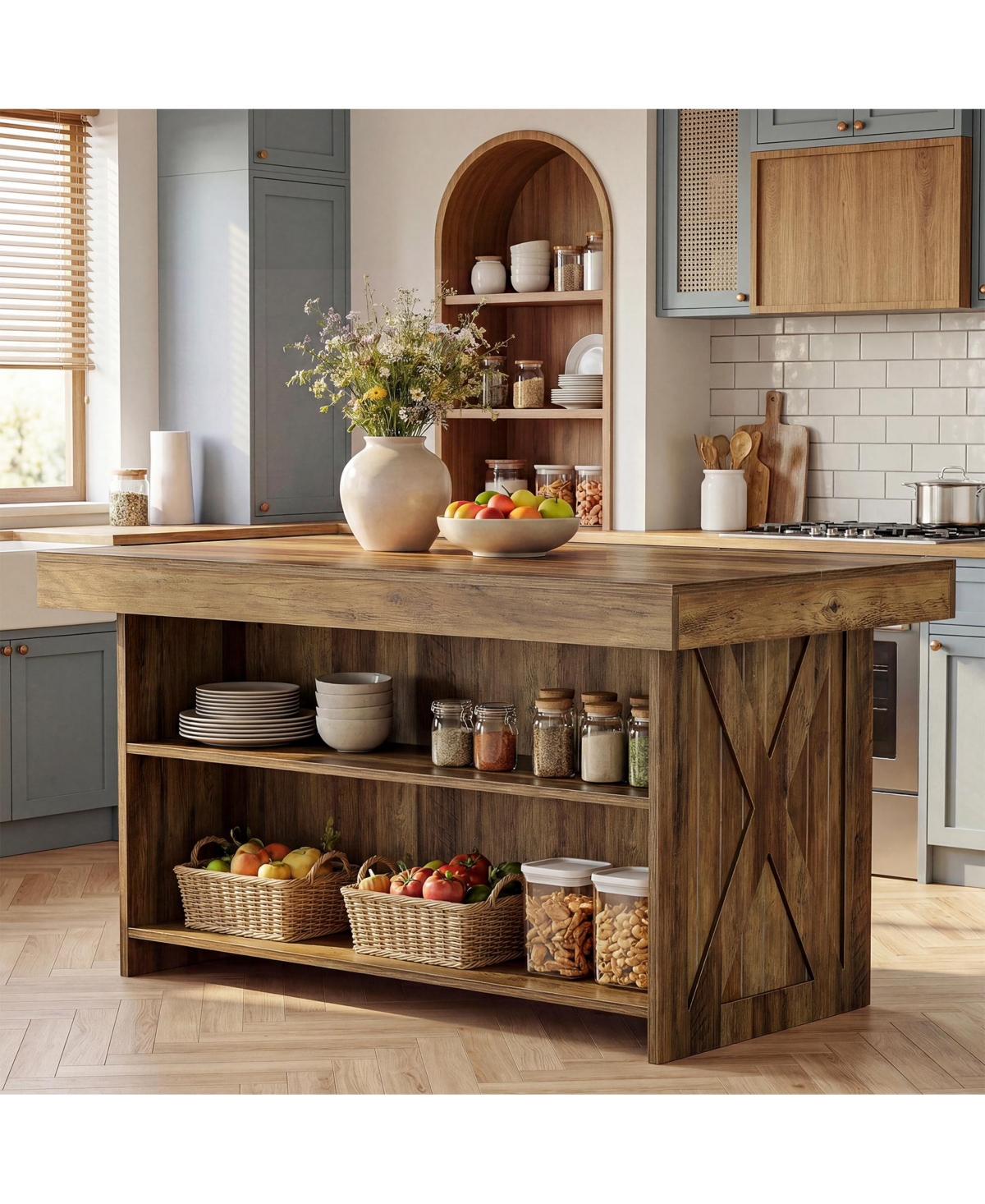 Tribesigns 55.12-Inch Kitchen Island with Storage, Farmhouse Counter Height Island Table with 2-Tier Shelves for Kitchen Living Room