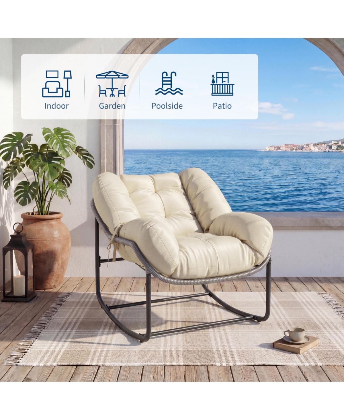 homfanWicker Rocking Chair with Cushion, Indoor Outdoor Papasan Egg Lounge for Patio, Porch, Living Room, Bedroom