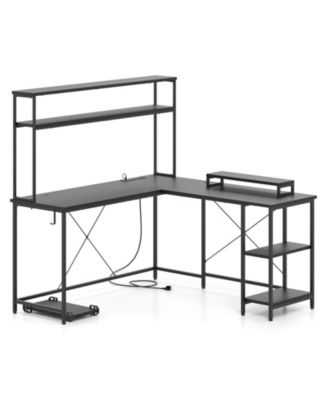 L Shaped Gaming Desk with Hutch Monitor Stand and LED Strip