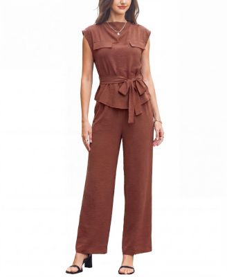 Women's Crew Neck Belted Top and Wide Leg Pants Two-Piece Set