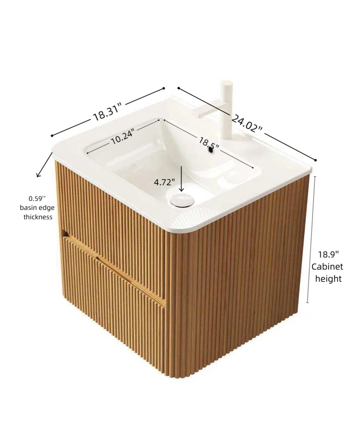 Sillysis Floating Wall Mounted Bathroom Vanity with Ceramic Sink, Soft Close Drawers and Retro Natural Plywood Cabinet for Small Bathrooms-Sillysis