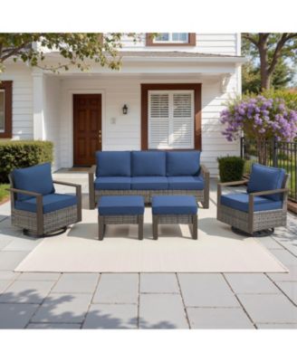 5Pieces Patio Furniture Set, Outdoor Wicker Sofa Couch with Metal Armrest, Swivel Rocking Chairs, Ottomans