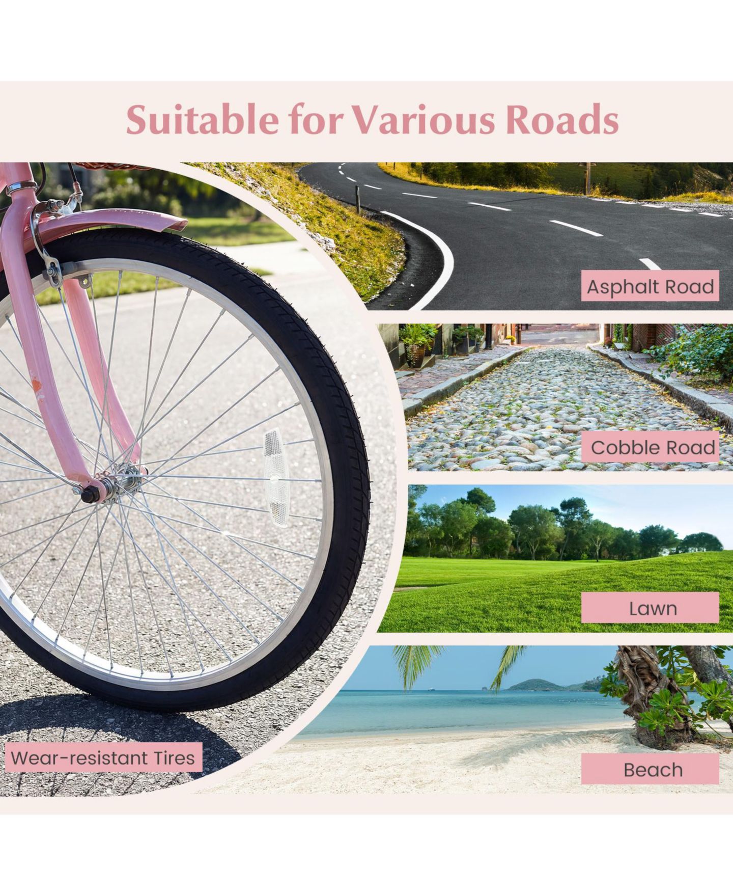 Детская игрушка Gymax Beach Cruiser 24" Commuter Bike with Adjustable Seat, Woven Basket & Rear Rack, 220 lbs. Capacity, Ages 8+, цвет: Розовый — фото 9
