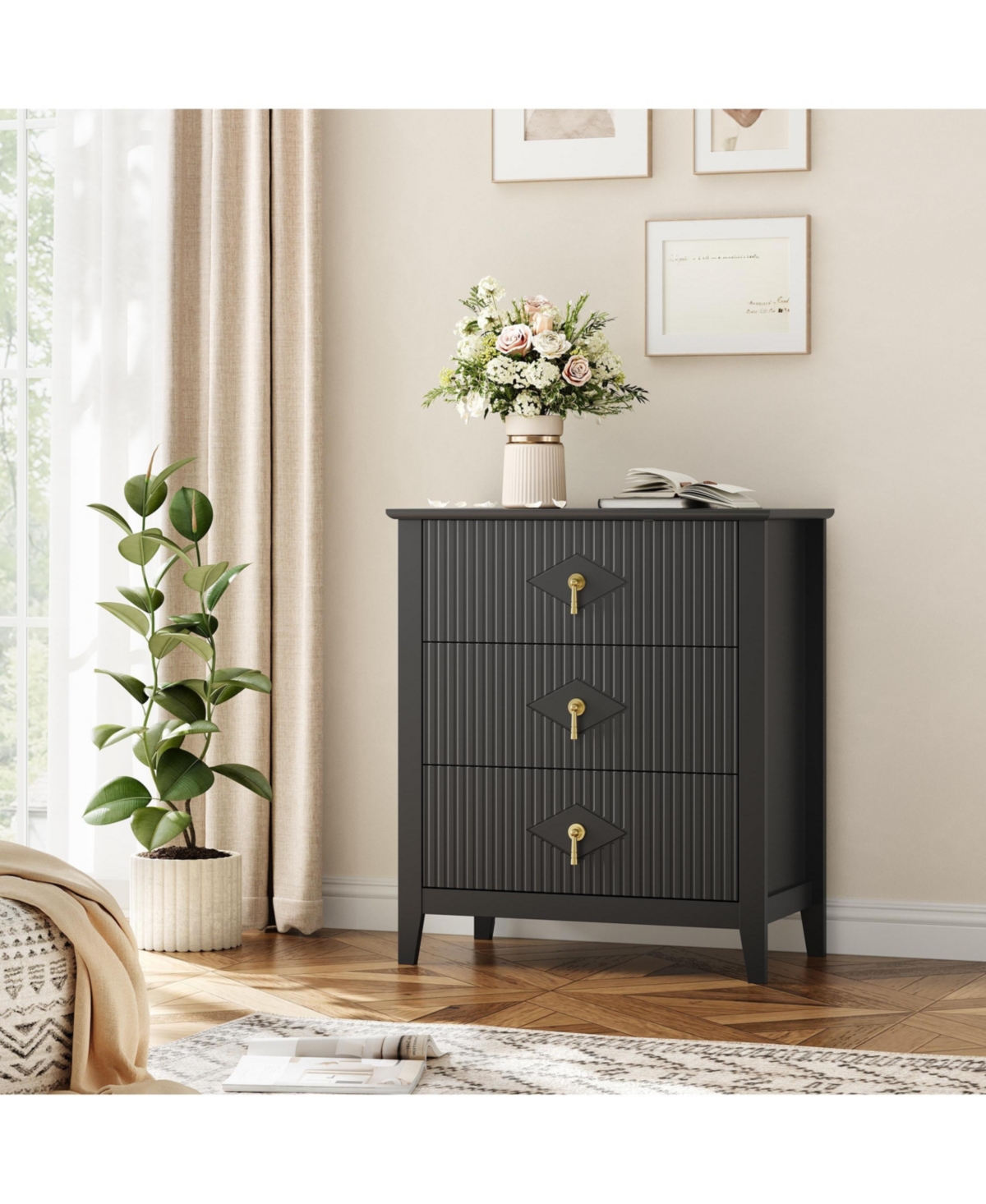 homfan Fluted 3-Drawer Nightstand Dresser with Metal Handles, 27.5" Wide Storage End Table for Bedroom, Living Room, Hallway
