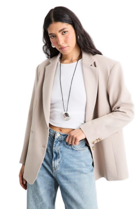 Женский пиджак Warehouse Oversized Single Breasted Blazer, цвет: Серо-бежевый
