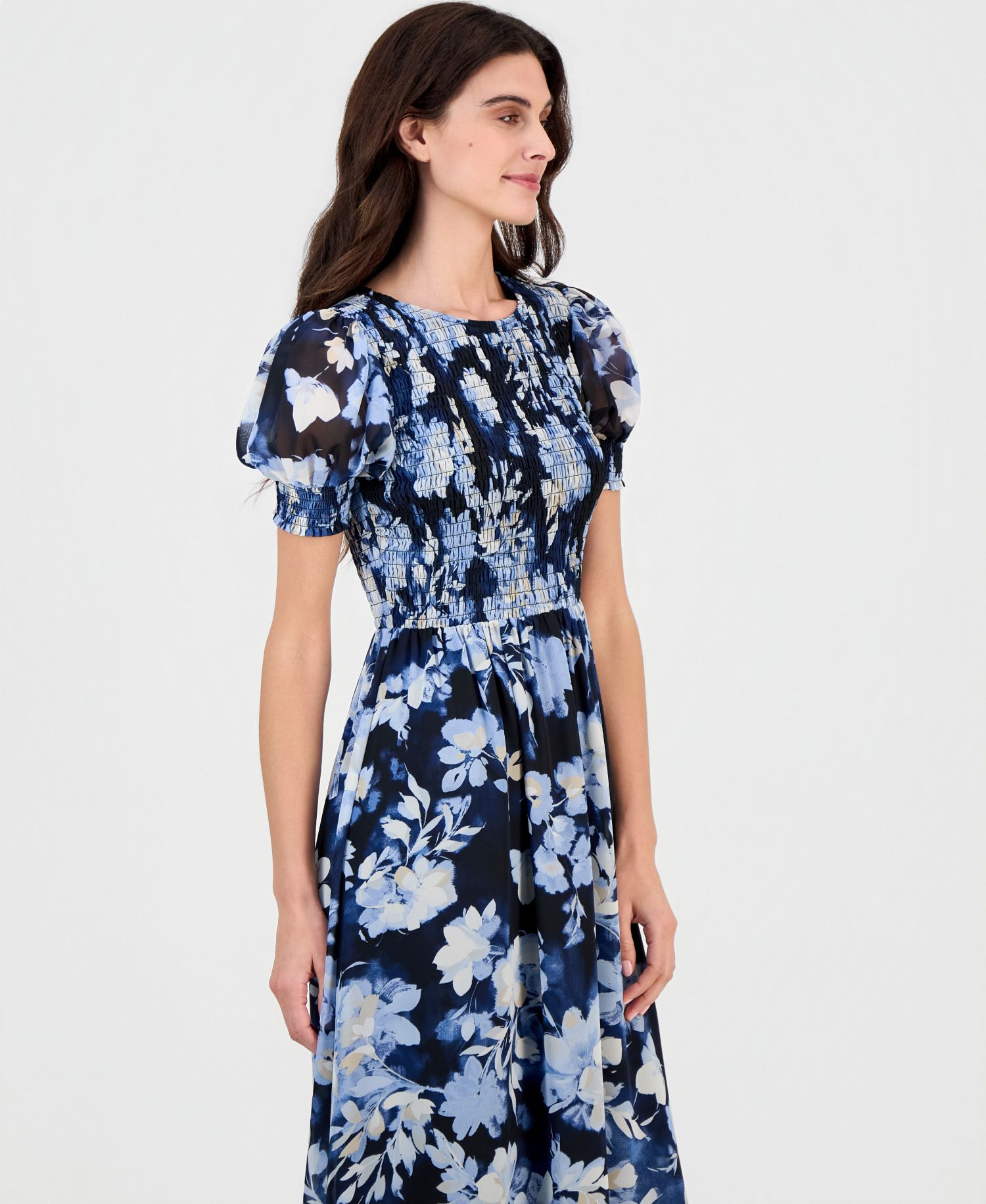 Women's Printed Puff-Sleeve Smocked Maxi Dress