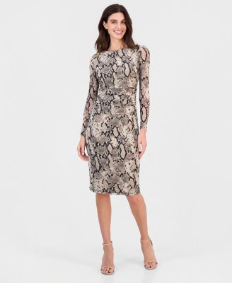 Petite Snake-Print Long-Sleeve Ruched-Waist Midi Dress