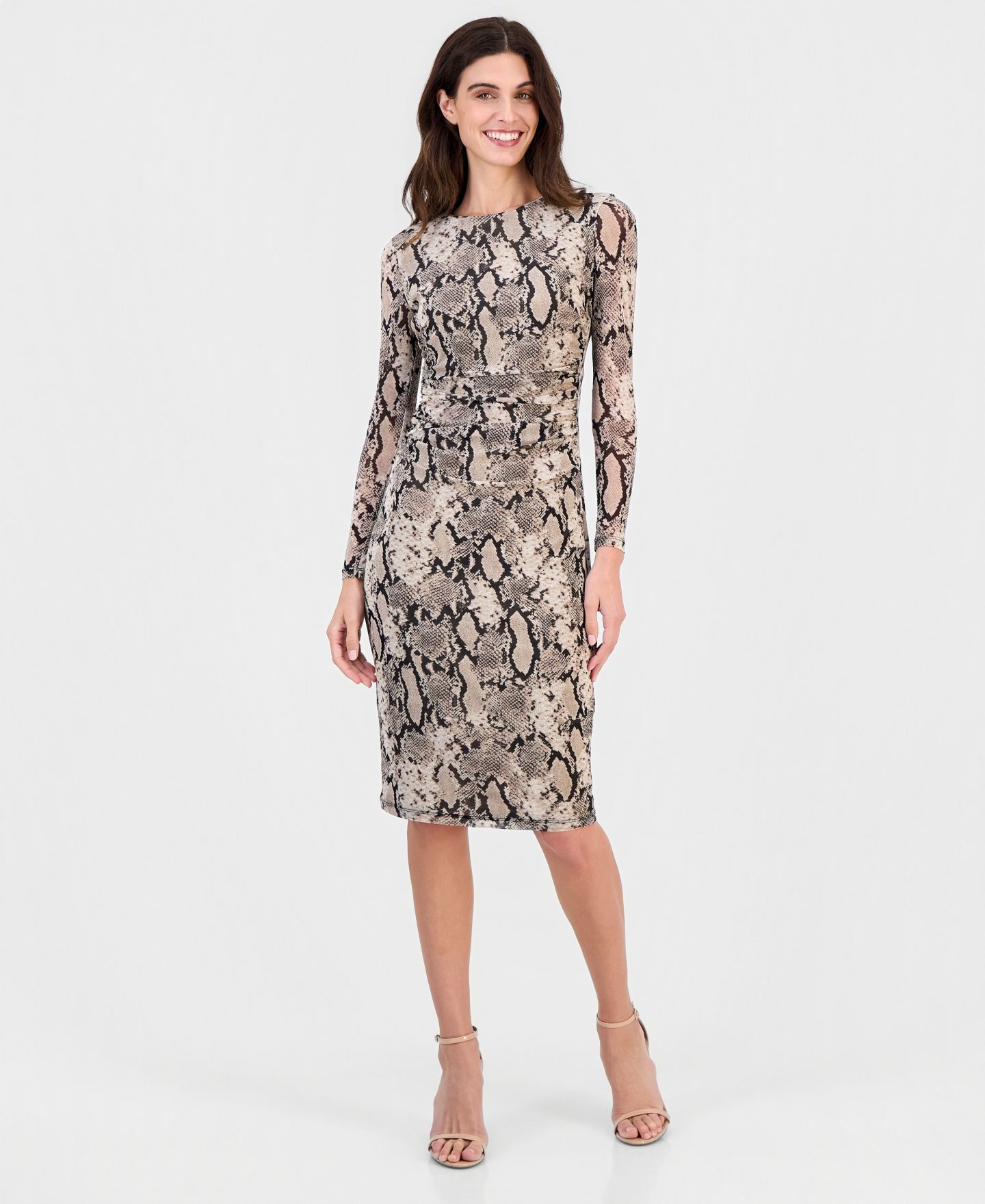 Женское платье Anne Klein Snake-Print Shirred-Waist Long-Sleeve Midi, цвет: Натуральный глиняный разноцветный — фото 1