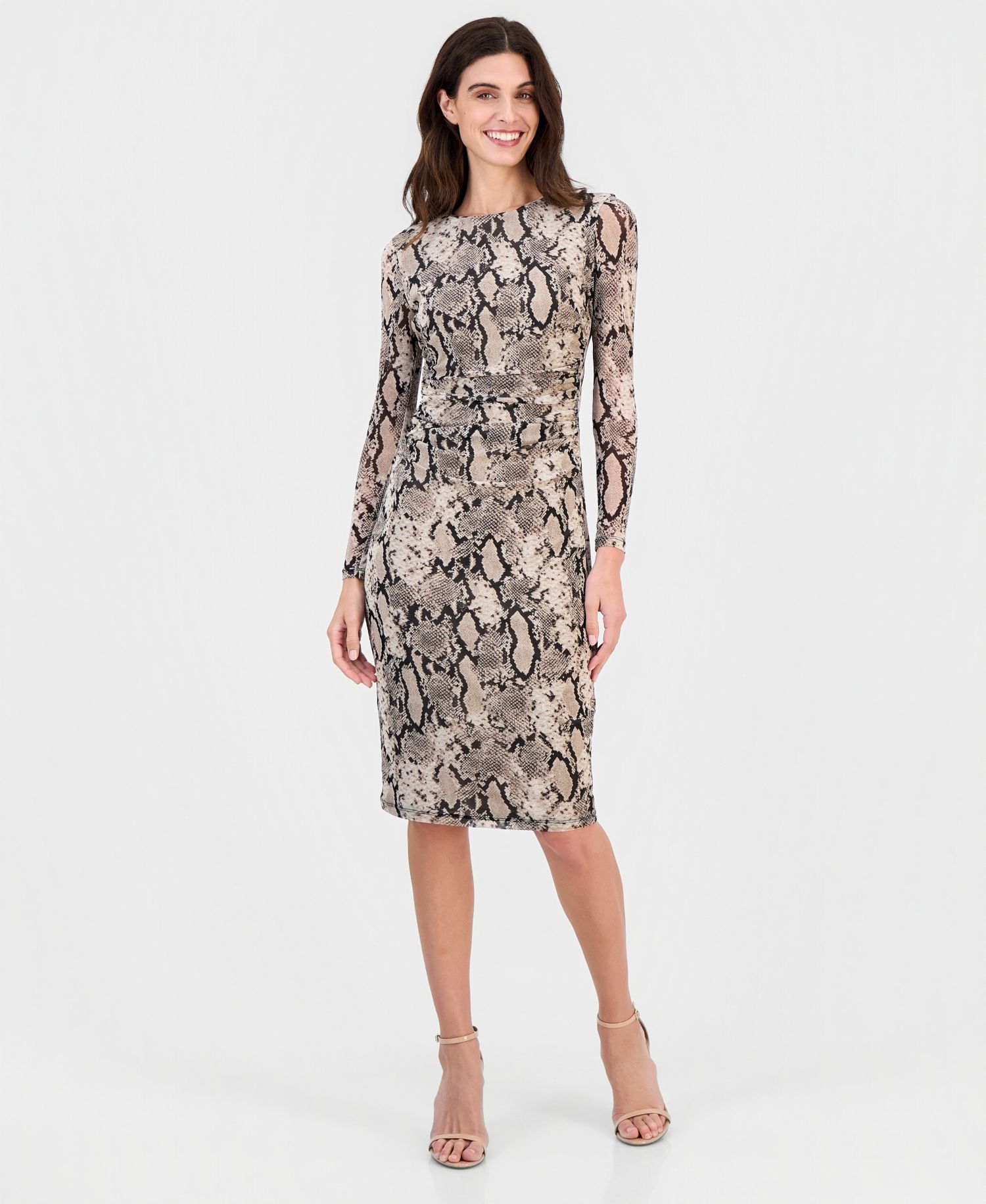 nne Klein Petite Snake-Print Shirred-Waist Long-Sleeve Midi Dress