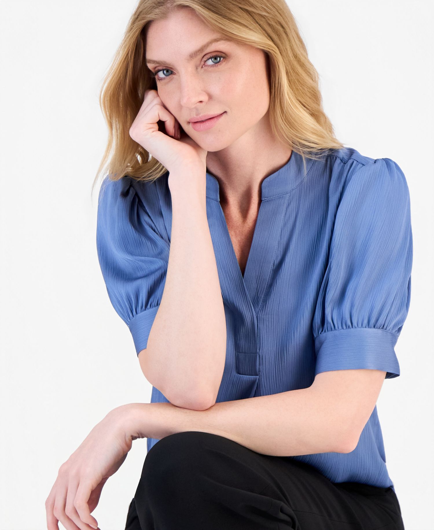 Petite Short Puff-Sleeve Y-Neck Blouse
