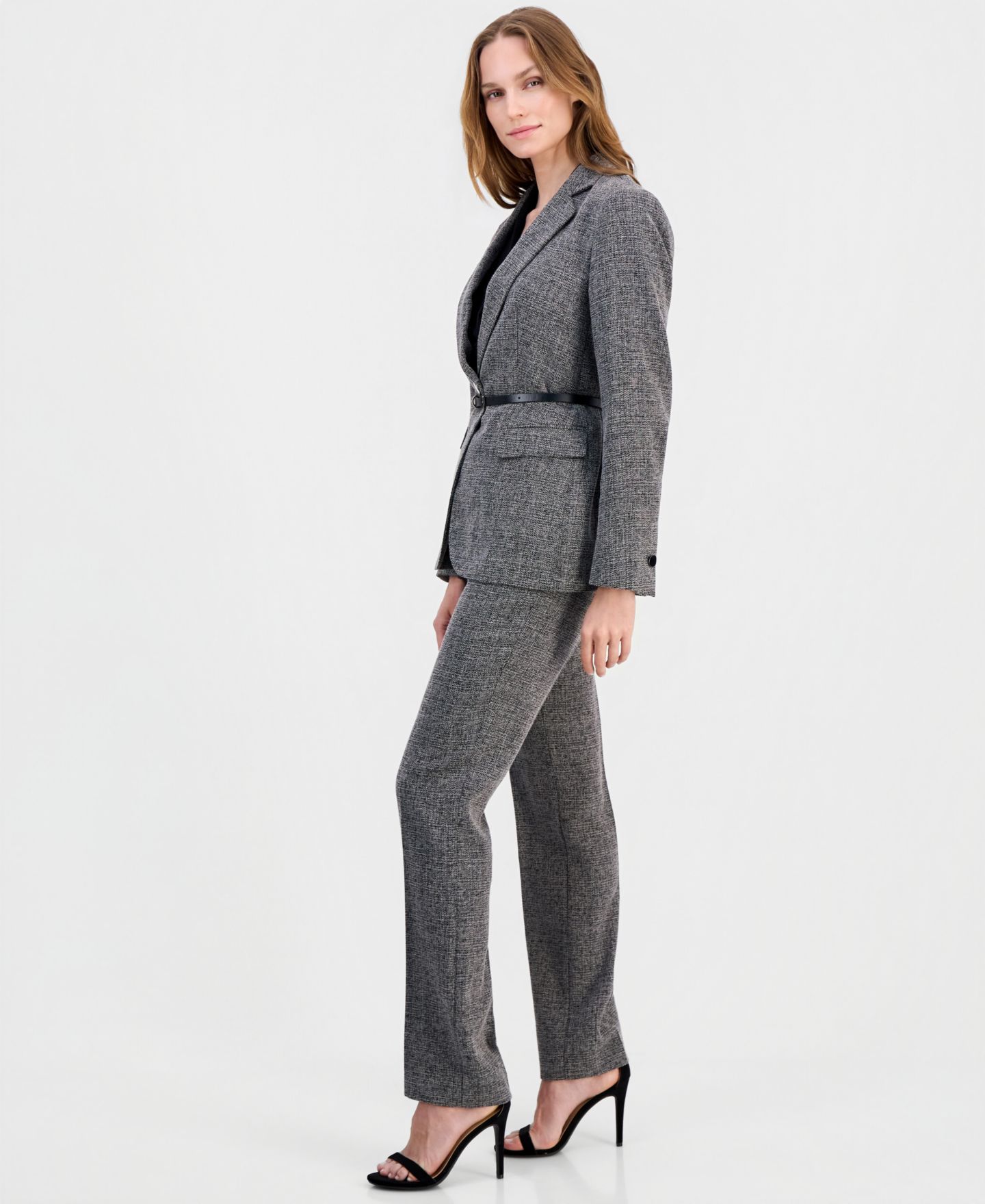 Женский пиджак Anne Klein Belted Notch-Collar Blazer, цвет: Чёрный / Белый — фото 4