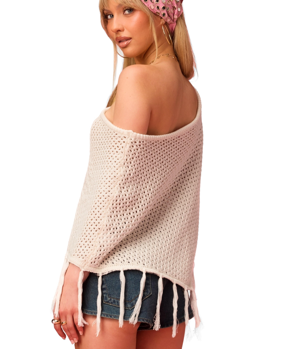 Edikted Womens Barbie Fringe Knit Poncho