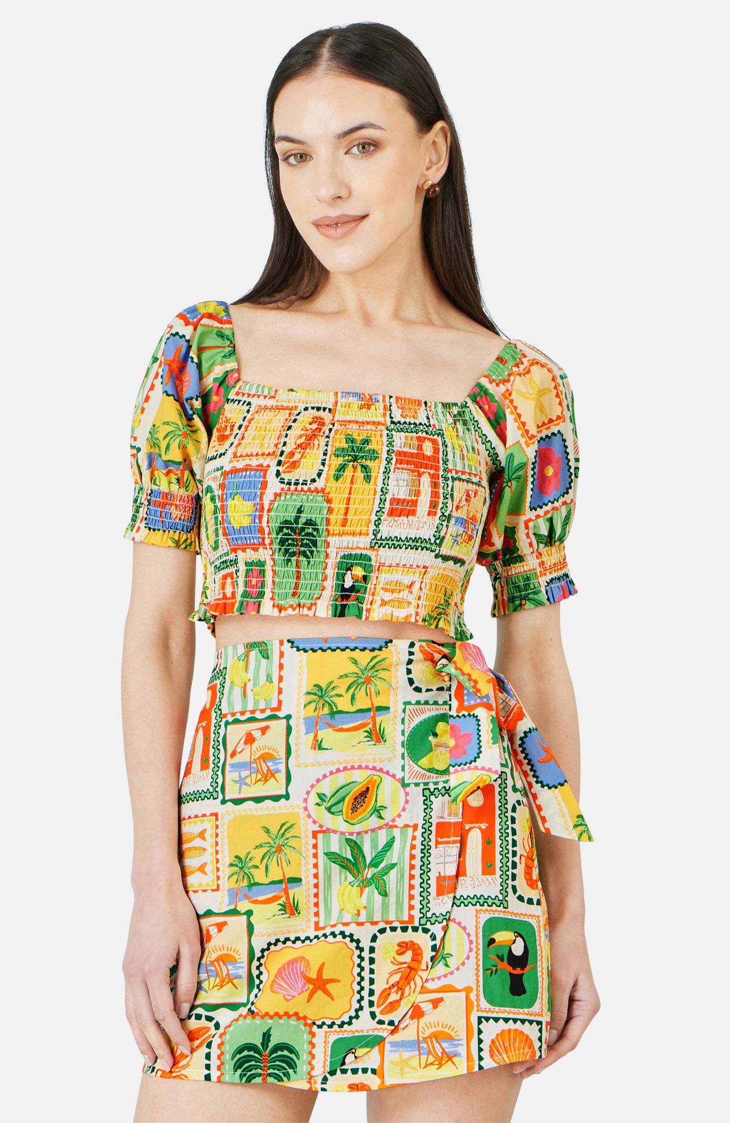 Женский топ Yumi Cropped Shirred Postcard Print, цвет: Разноцветный — фото 5