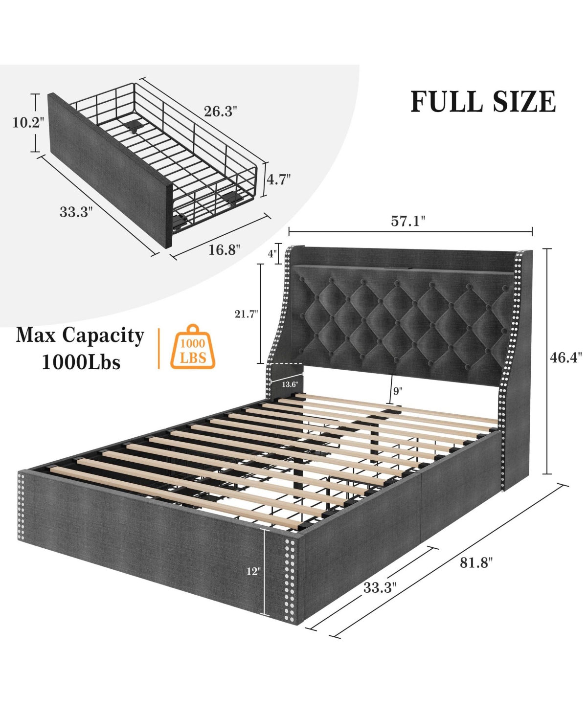 homfan Bed Frame with 4 Storage Drawers, Wingback Headboard, Charging Station, Wood Slat Support