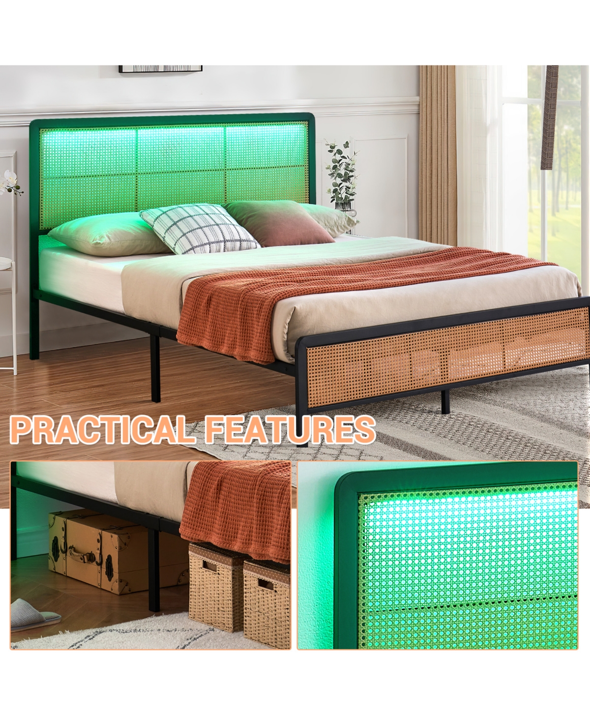 homfan Rattan Platform Bed Frame with Led Headboard, Modern Boho Cane Style, Heavy Duty Metal Frame, Steel Slats, No Box Spring Needed