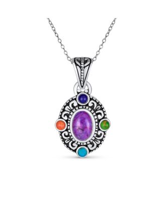 Southwest Style Oval Cabochon Multicolor Purple Turquoise Medallion Pendant Necklace Oxidized Sterling Silver