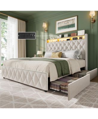Upholstered Bed Frame with Tall Headboard, 50.8inch Velvet Bed with 4 Storage Drawers and USB Charging Station, No Box Spring Needed