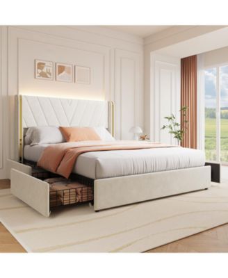 Modern Upholstered Bed Frame with RGB LED Headboard, V-Shaped Wingback, 4 Large Storage Drawers, Wooden Slats