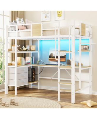 Twin Loft Bed with Desk, Stairs, LED Lights, Charging Station, 3 Drawers and 2 Shelves for Kids and Teens