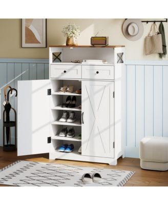 Modern Farmhouse Narrow Freestanding Shoe Cabinet, Hidden Entryway Organizer with Doors, Drawers and Shelves for Foyer and Living Room