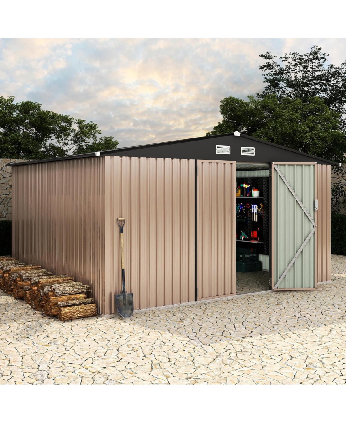GarveeLife Outdoor Metal Yard Garden Shed Kit With Lockable Door Air Vent And Utility Storage For Backyard Garden Patio Lawn