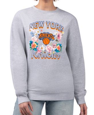 Women's Heather Gray New York Knicks Flowers Team Logo Graphic Fleece Crewneck Pullover Sweatshirt