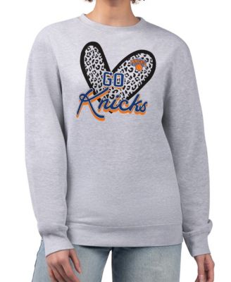 Women's Heather Gray New York Knicks Leopard Heart Fleece Pullover Sweatshirt