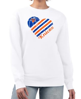 Women's White New York Knicks Heart Graphic Fleece Pullover Sweatshirt
