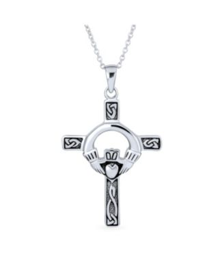 Celtic Claddagh Cross Pendant Necklace Trinity Love Knot Oxidized .925 Sterling Silver