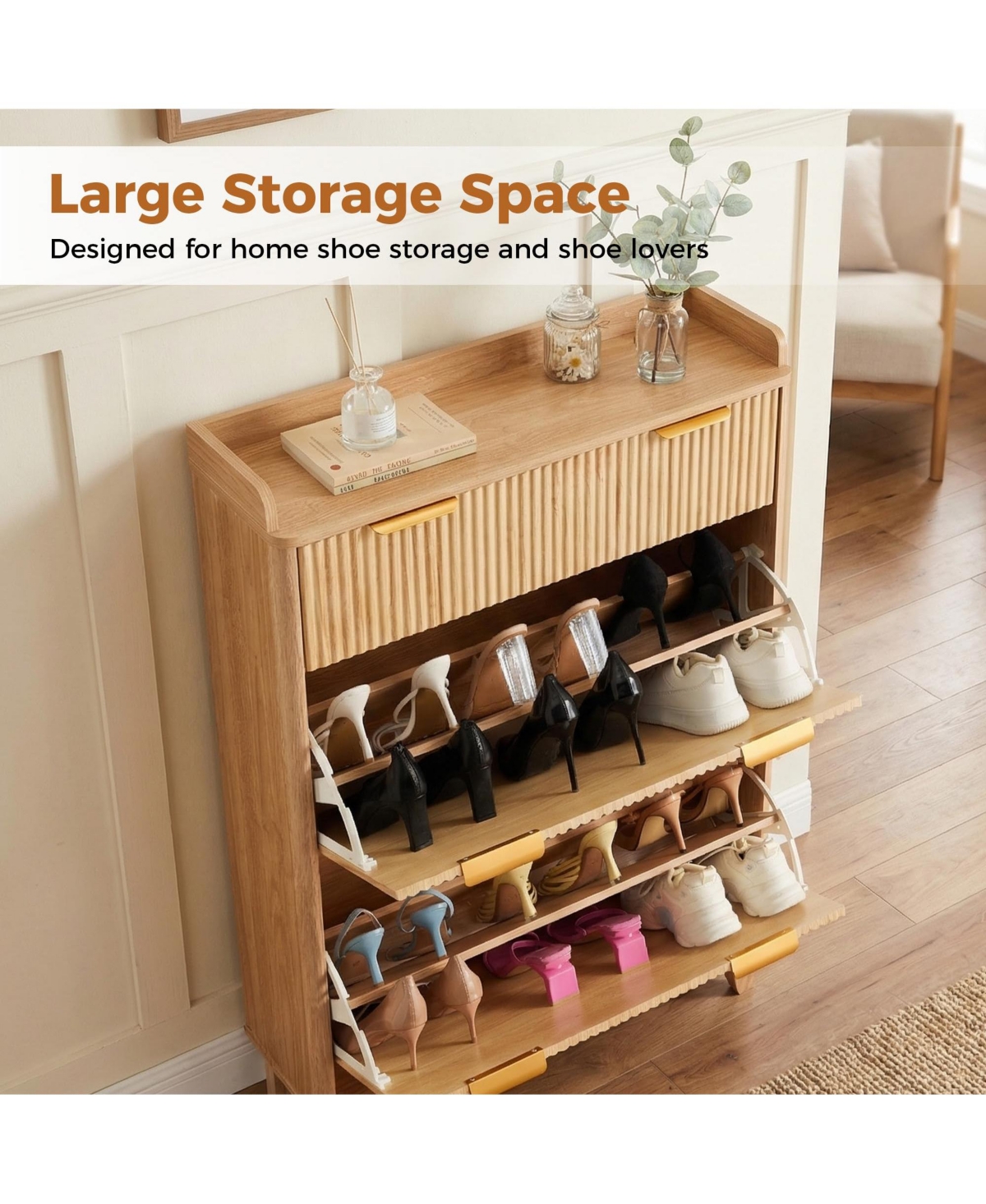 homfan Modern Vertical Storage Cabinet with Flip Drawer, Textured Front and Metal Handles, Space-Saving Shoe Orgzr for Entryway, Hallway, Living Room