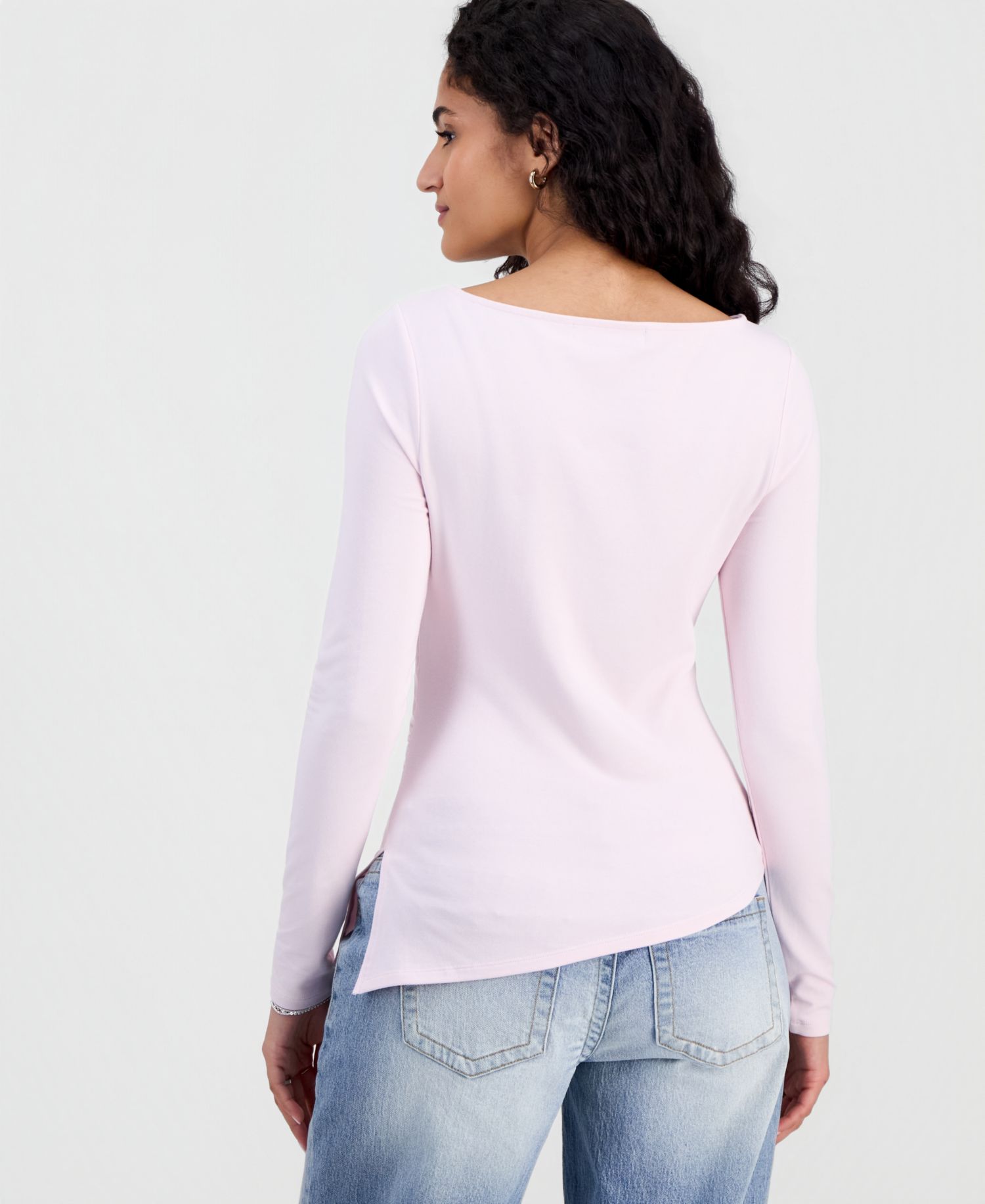Juniors' Ruched Boat Neck Long Sleeve Top