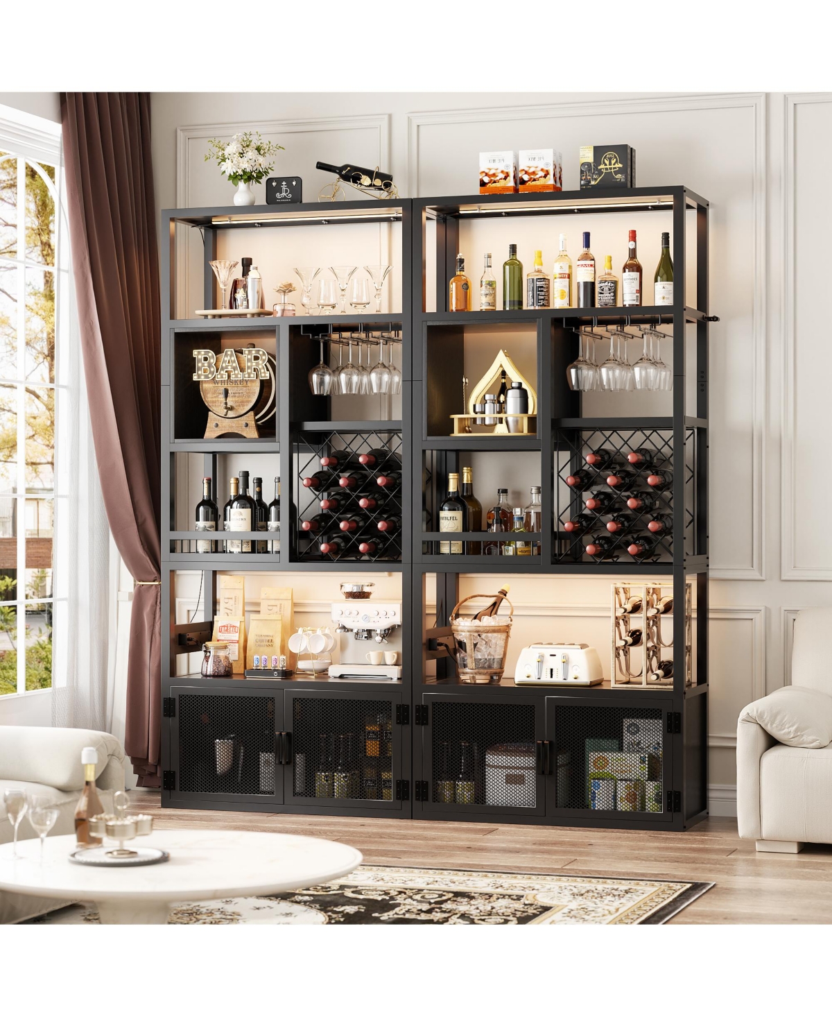 Aheaplus Tall Wine Bar Cabinet with Led Light and Charging Station, 7-Tier