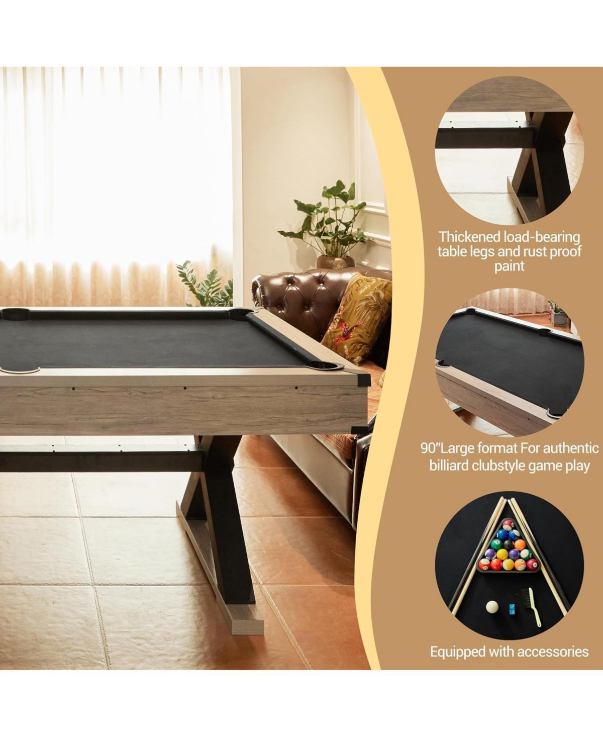Xo 84" Rustic Pool Table with Accessories, Heavy Duty Billiard Table for Home Game Room Club Entertainment