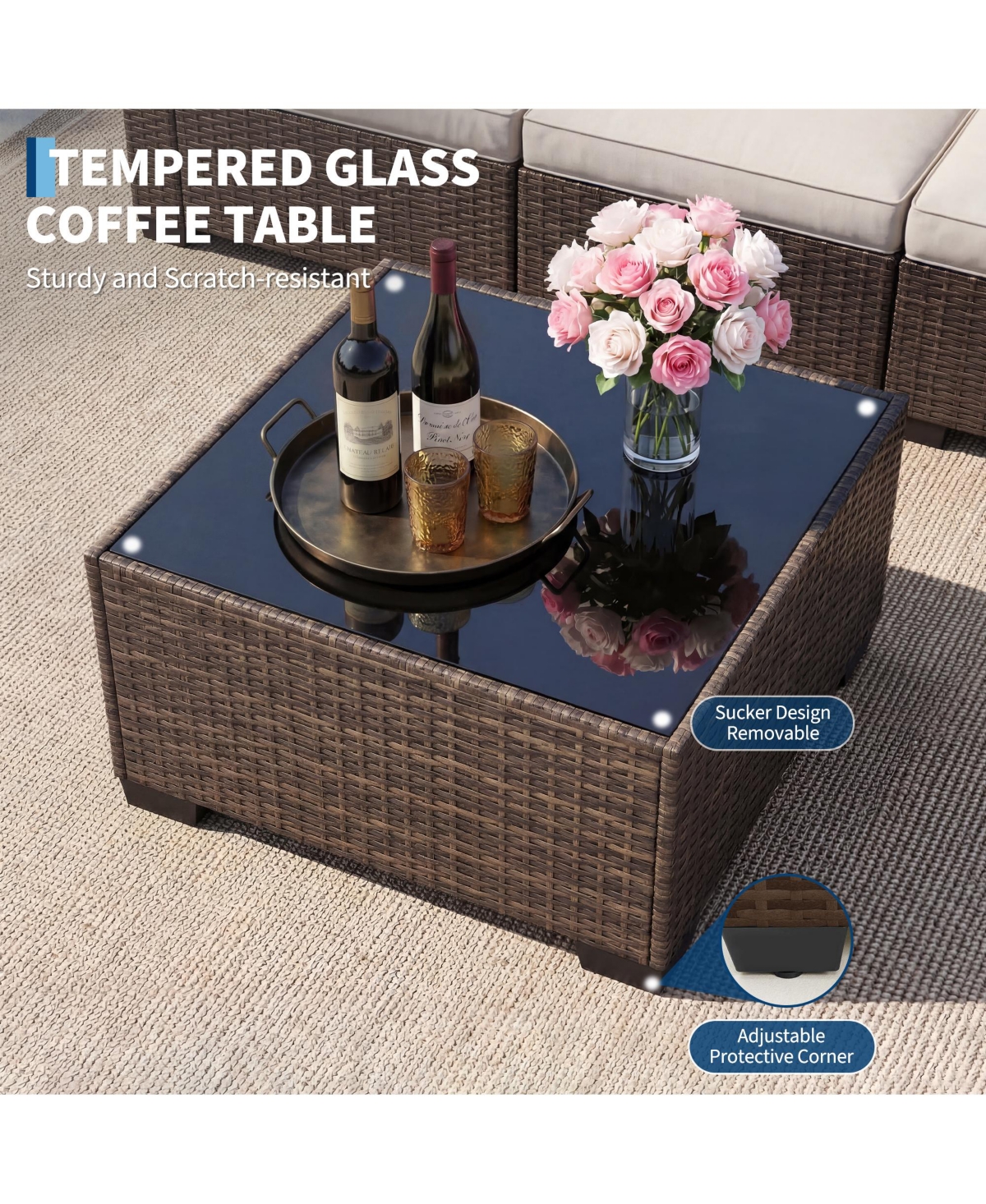 gaomon 7-Piece Wicker Patio Sectional Sofa, Outdoor Conversation Set with Washable Cushions and Glass Coffee Table for Garden Poolside Backyard