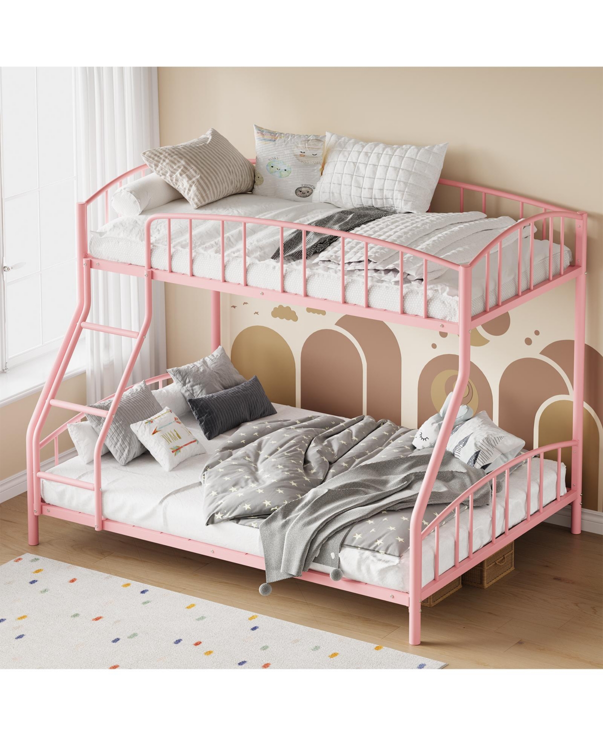 homfan Heavy Duty Twin Over Full Metal Bunk Bed - Space-Saving Steel Frame, Arched Guardrail, Sturdy Slats, Ladder, Noise-Free