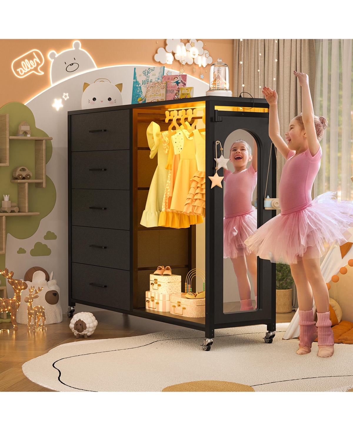 Aheaplus 45-Inch Rolling Dresser with Mirror, Closet Organizer 5 Fabric Drawers and Charging Station