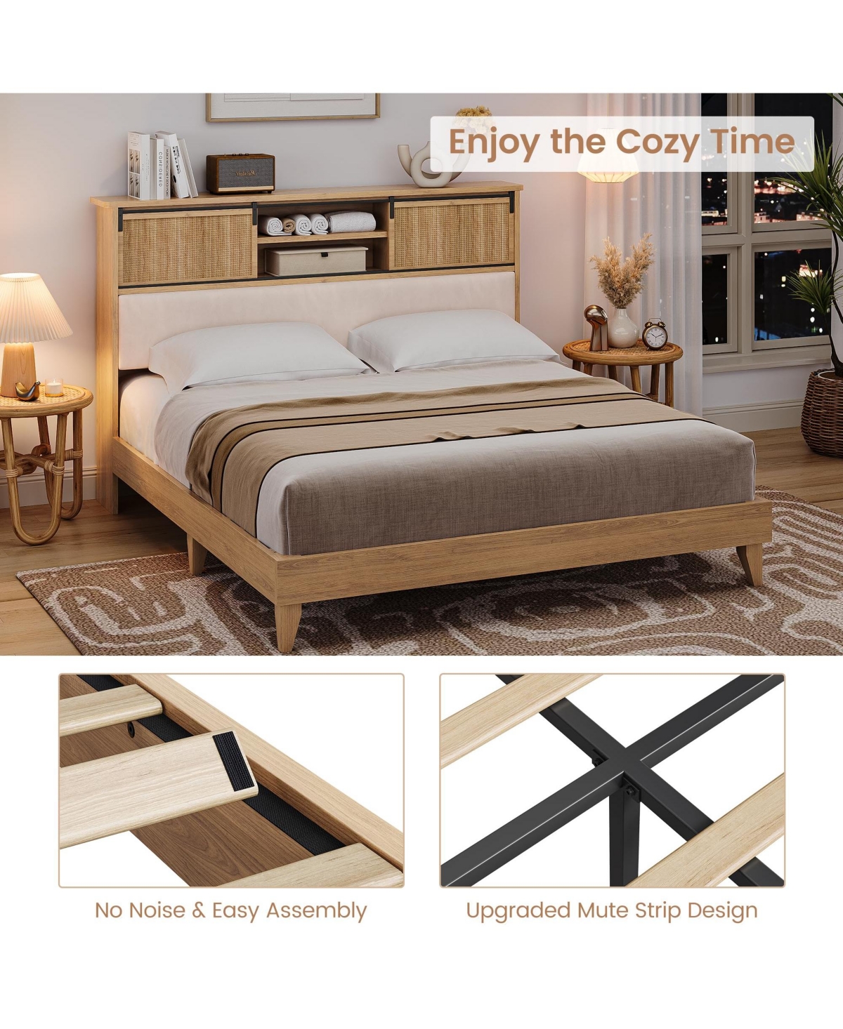 homfan Rattan Bed Frame with Shelves, Boho Bed Frame with Shelf Headboard Sliding Door, Wood Foundation with Silent Slats