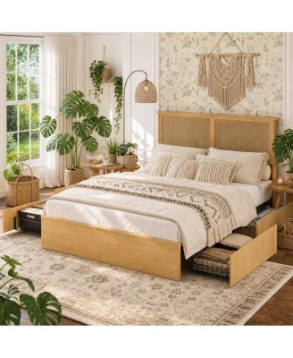 Bed Frame with Rattan Headboard, Platform Bed Frame with LED Lights, Under Bed Storage