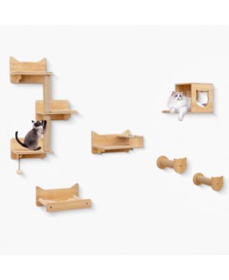 6 Piece Cat Wall Furniture Set with Wall Mounted Shelves and Bowls