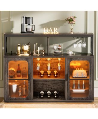 Wine Bar Cabinet with Glass Holders and and Doors, Buffet Wine cabinet with Power Outlet