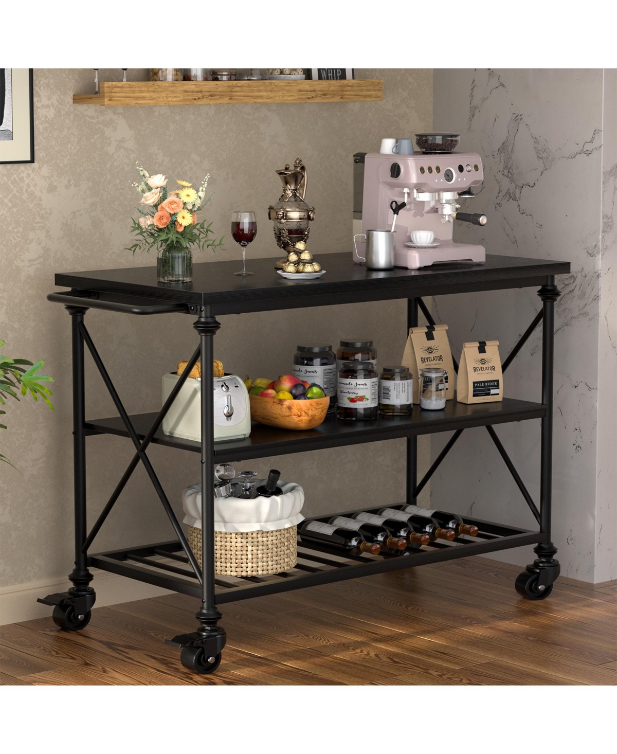 Aheaplus 3-Tier Kitchen Island Cart with Wheels, Storage Shelves Lockable Casters