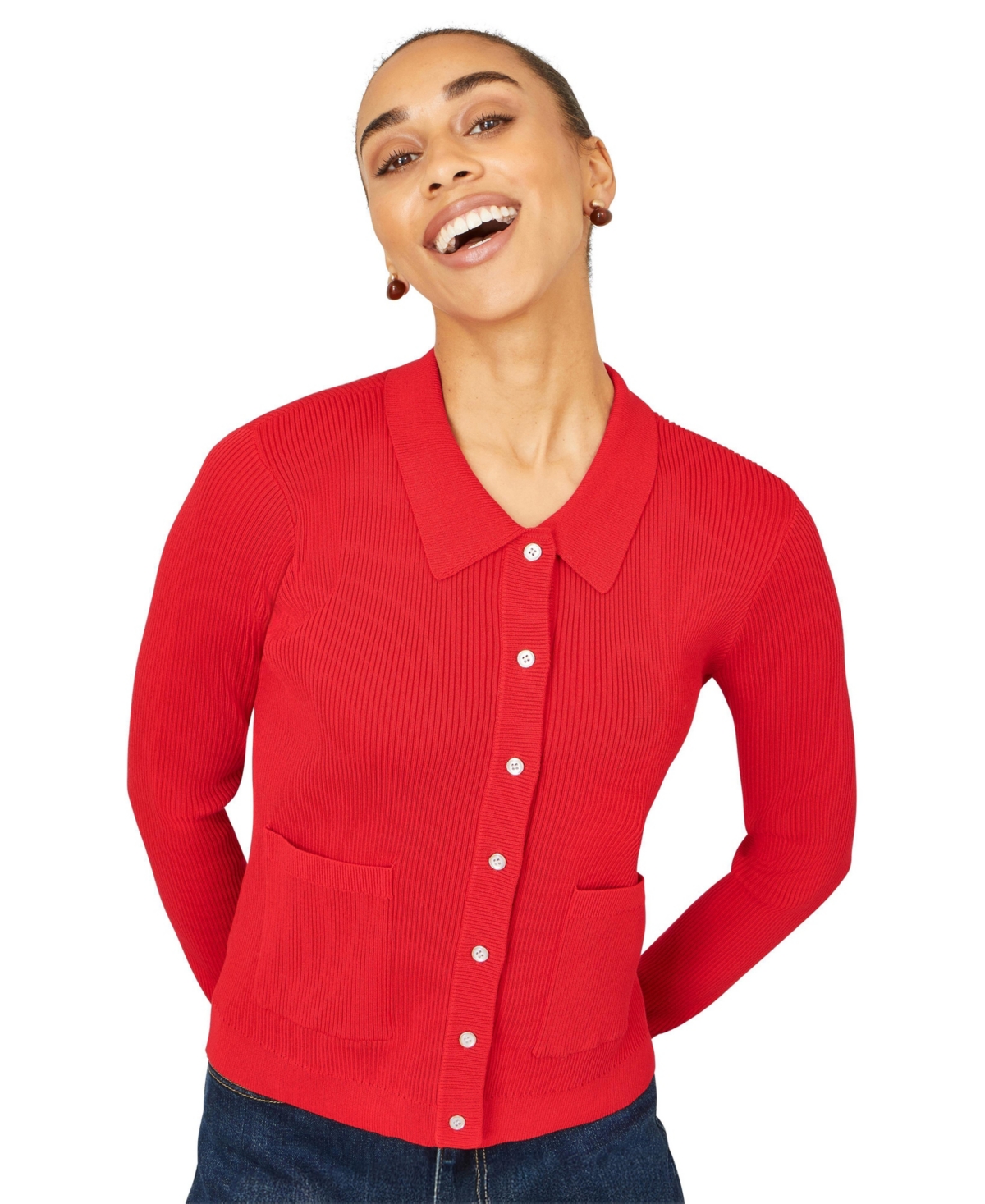 Yumi Women's Ribbed Collar Button Up Cardigan