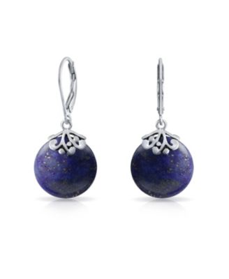 Bali Style Circle Round Shape Lapis Lazuli Dangle Drops Earrings .925 Sterling Silver Leverback