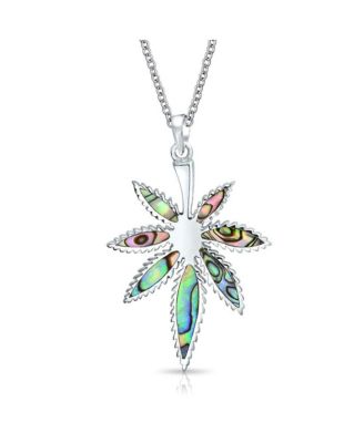 Large Rainbow Abalone Shell Inlay Marijuana Leaf Dangle Pendant Necklace Sterling Silver With Chain