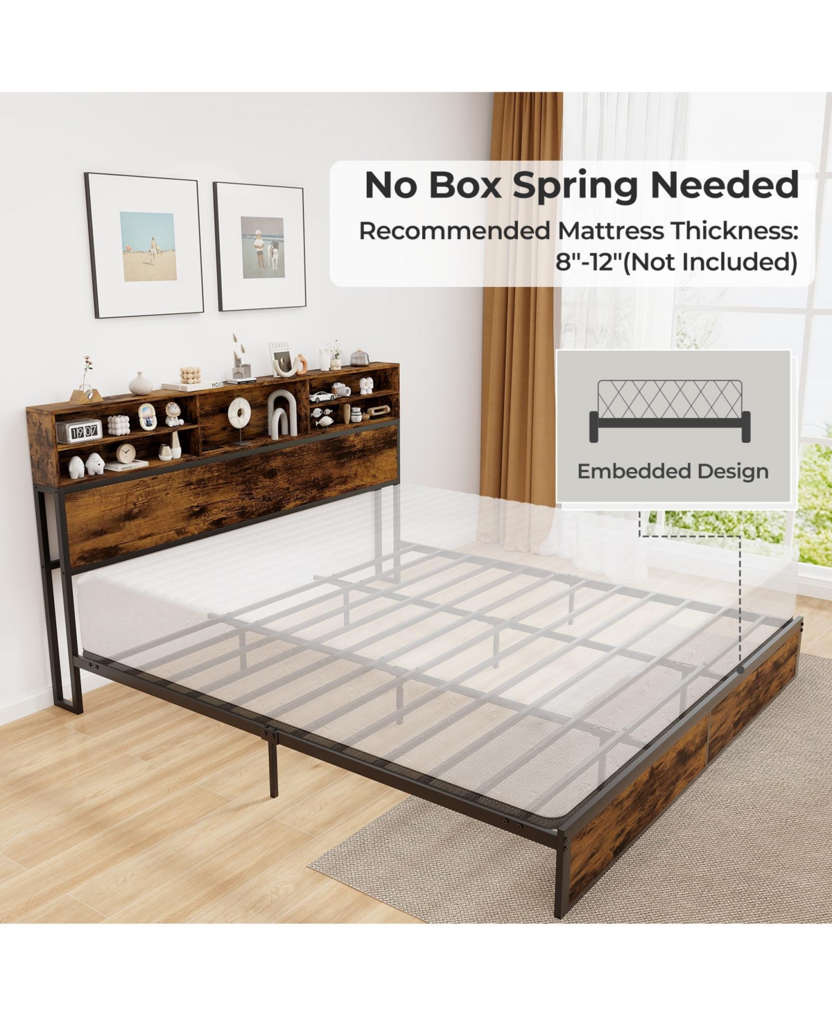 Slickblue Modern Metal Platform Bed with Storage Headboard for Bedroom