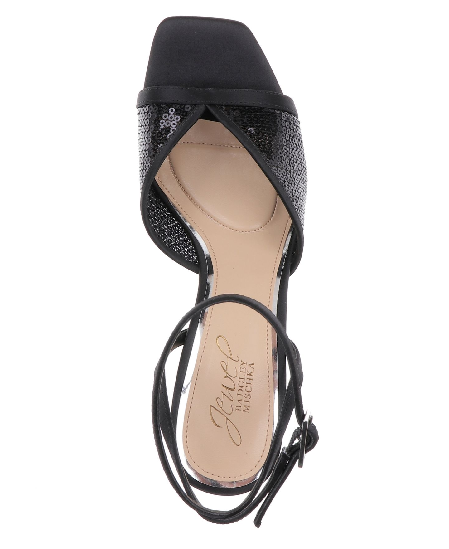 Женские сандалии Jewel Badgley Mischka Zaha Square Toe Dress Sandals, цвет: Чёрный атласный — фото 4