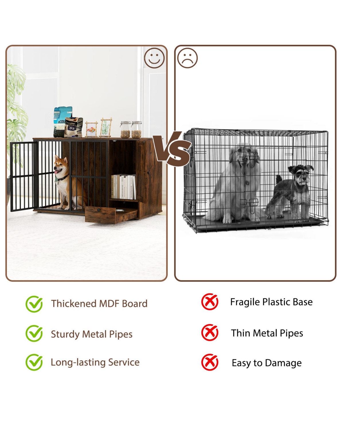 Cozito 47.5 in Dog Crate Furniture with Hidden Pull-Out Bowls for Small and Medium Dogs